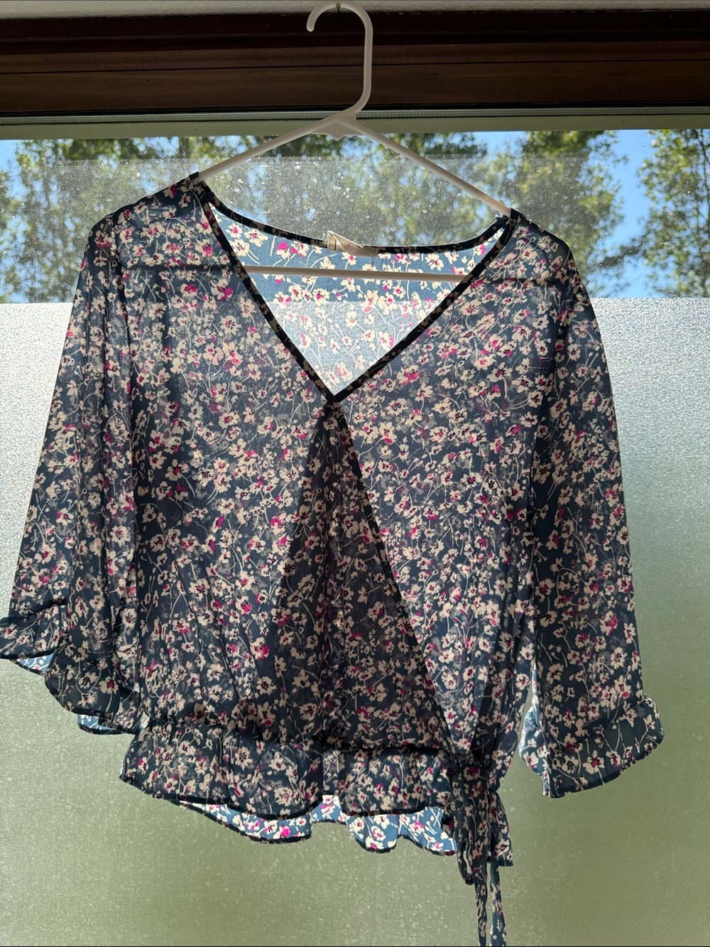Sienna Sky Navy Floral Wrap Blouse with Pink & Cream Flowers